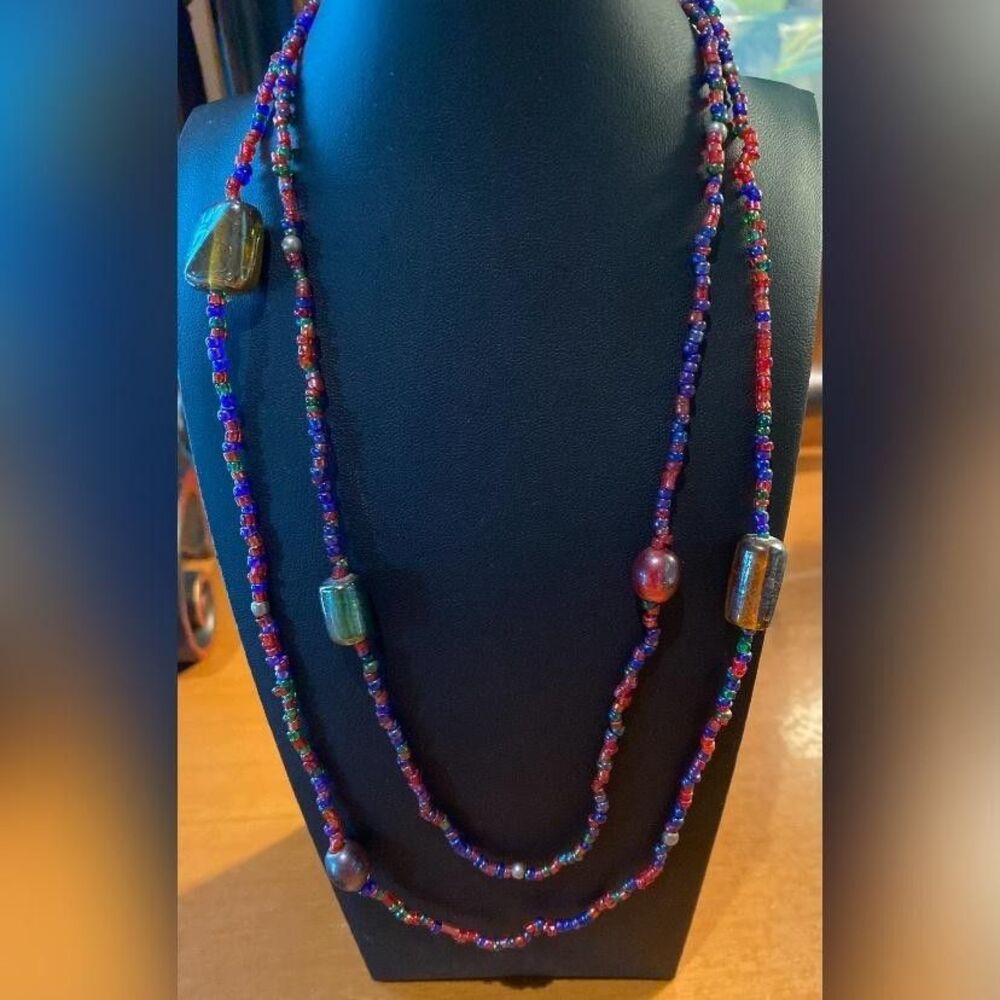 Multicolor Glass Beaded Long Necklace Seed Beads Statement Women Jewelry 40”